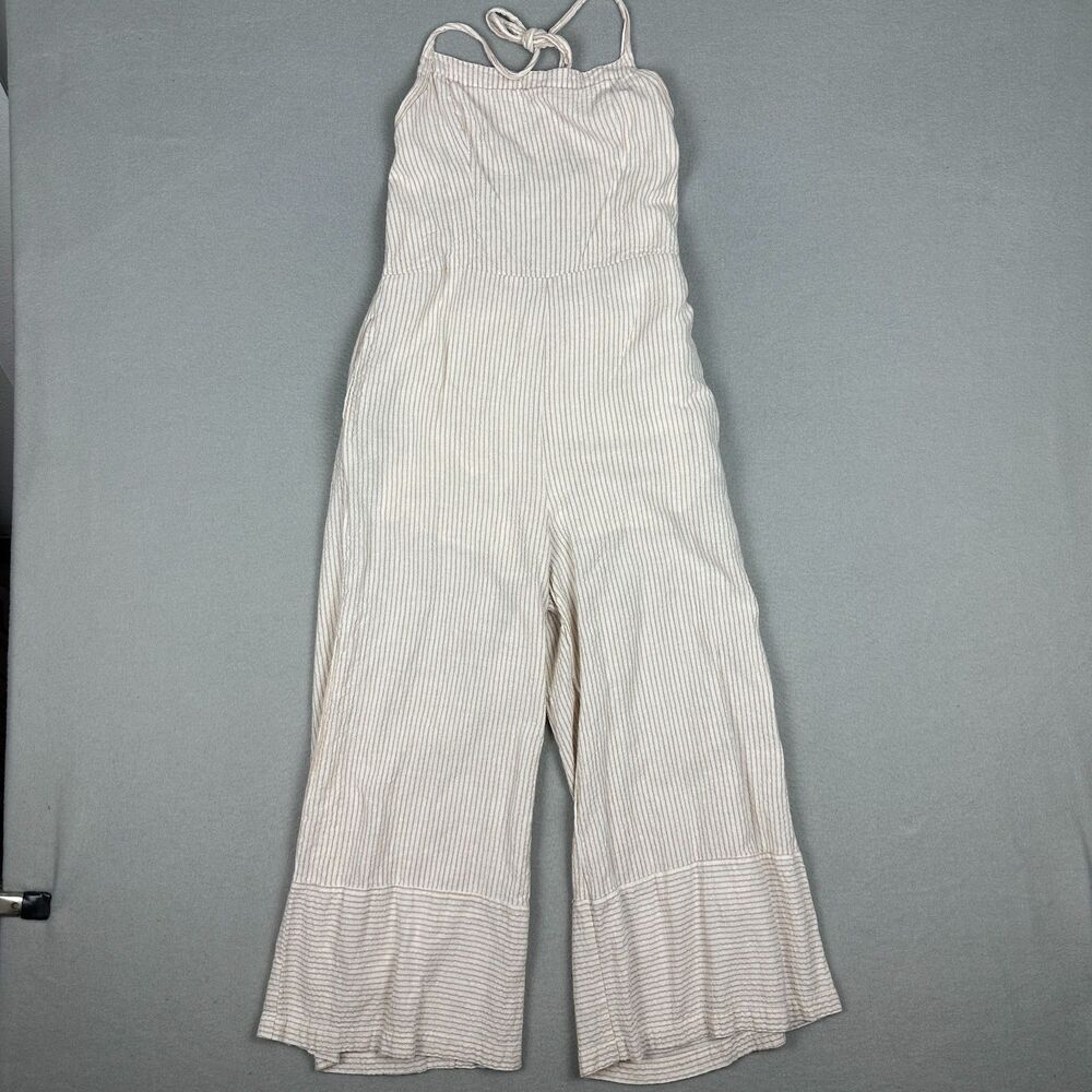 grade & gather Womens Medium Halter Smocked Wide Leg Jumpsuit Cream Striped